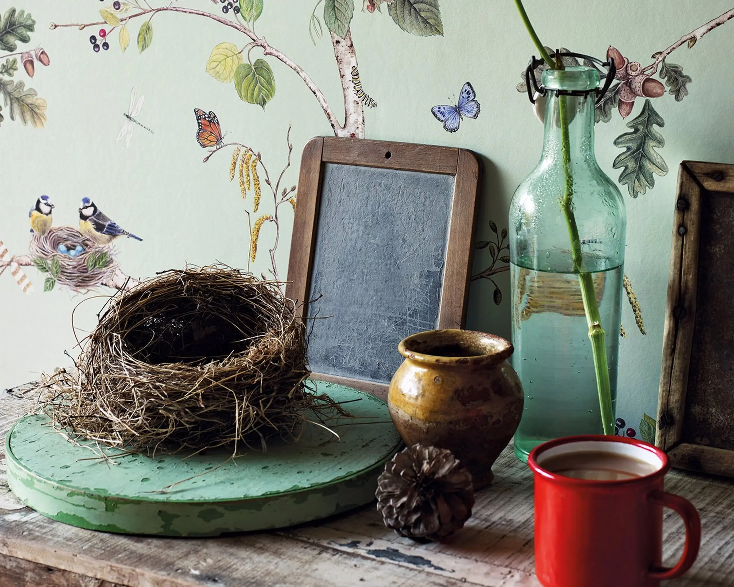 Angol Sanderson dekor tapéta madár levél mintával kék színben