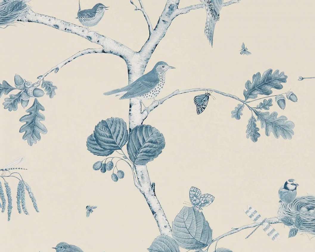 Angol Sanderson dekor tapéta madár levél mintával kék színben