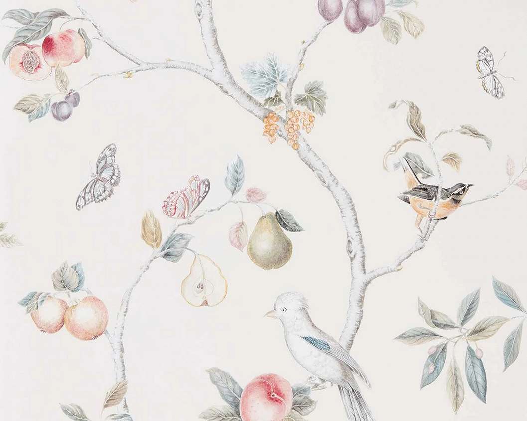 Angol Sanderson dekor tapéta madarak és gyümölcsök mintával krém színben
