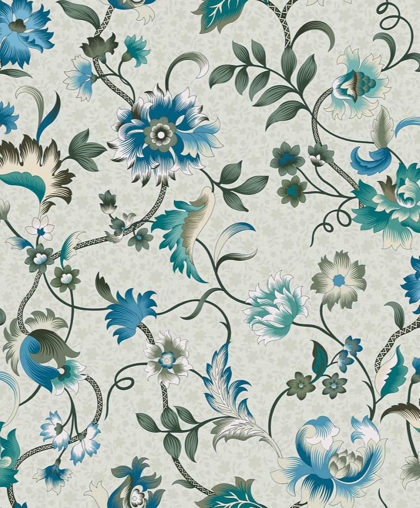Angol stílusú dekor tapéta virágos inda mintával kék színben