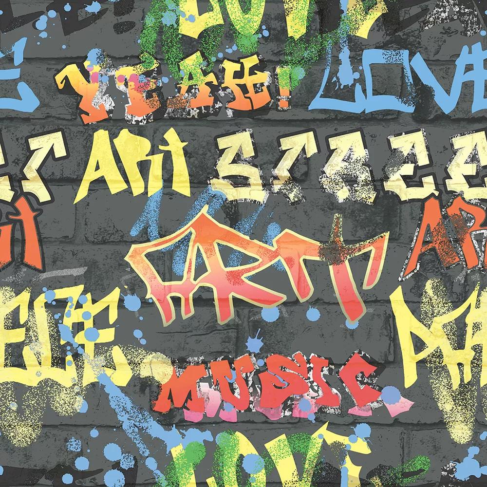 Antracit alapon színes graffiti mintás tini tapéta