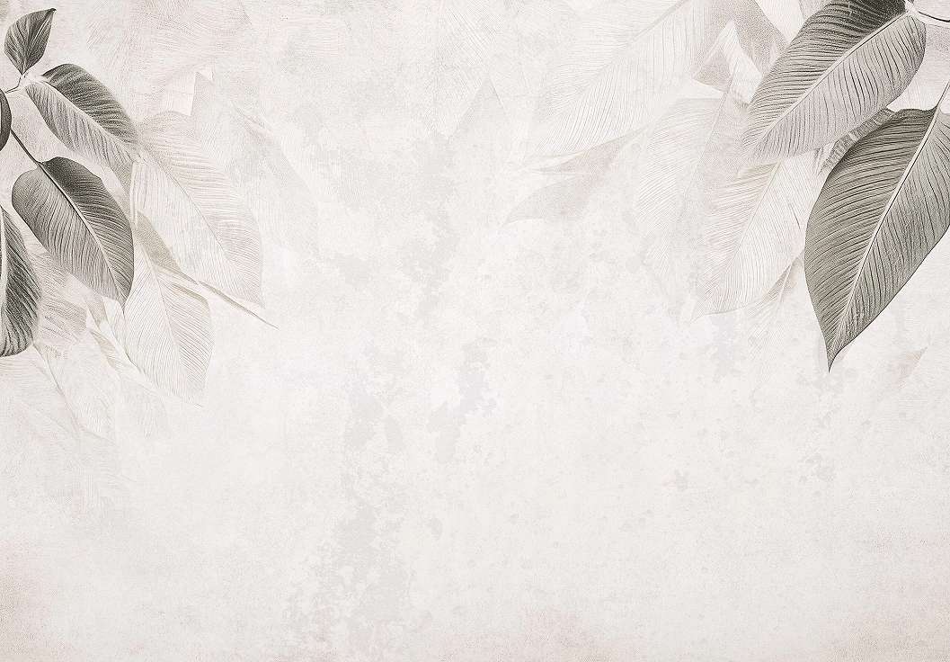 Anyag hatású fotótapéta krém színben oldalt nagy falevél mintával 368x254 vlies