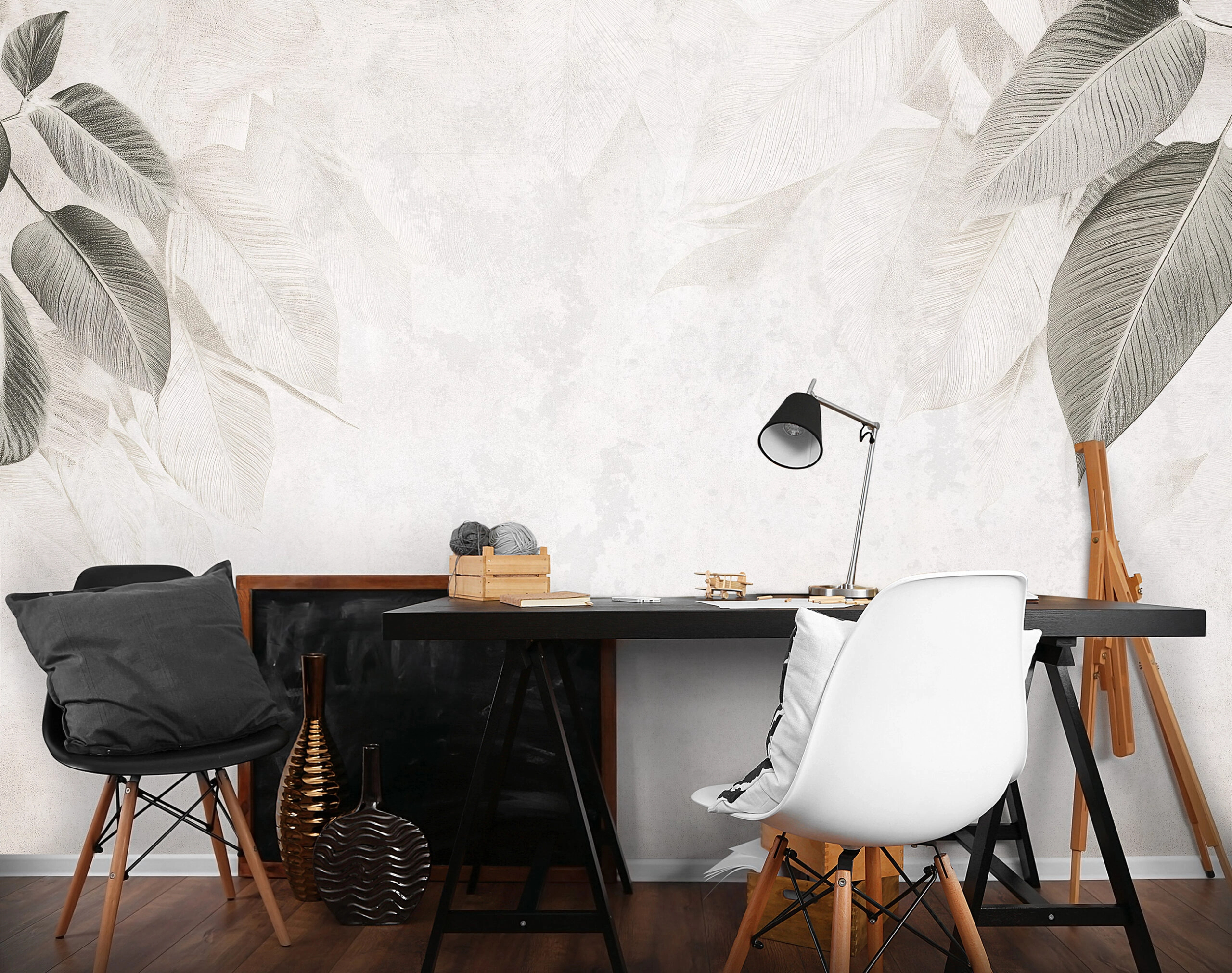 Anyag hatású fotótapéta krém színben oldalt nagy falevél mintával 368x254 vlies