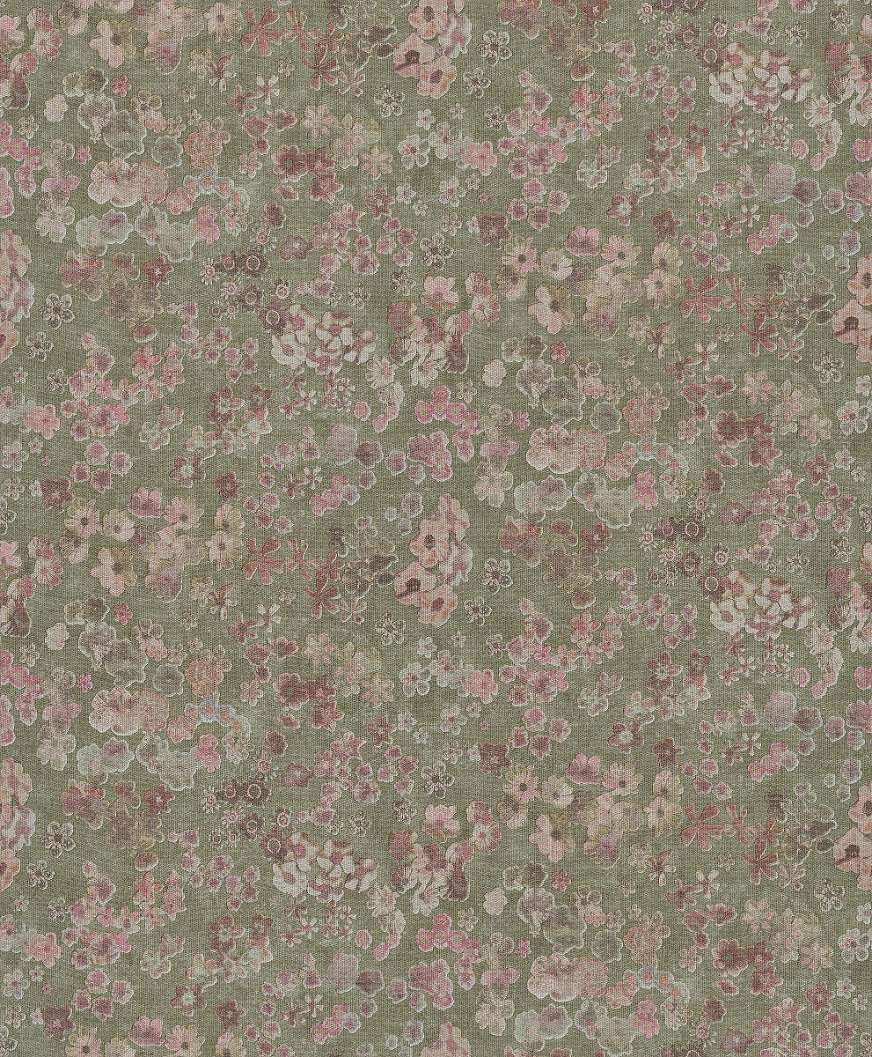 Apró rózsaszín virágmintás design tapéta zöldes alapon