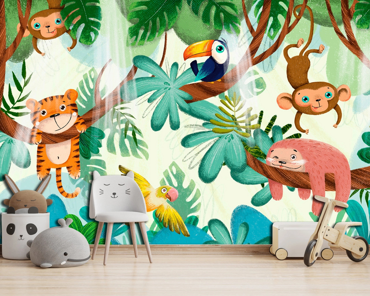 Aranyos állat mintás tigris, majom, papagáj, rajzolt stílusú gyerek poszter tapéta 368x254 vlies