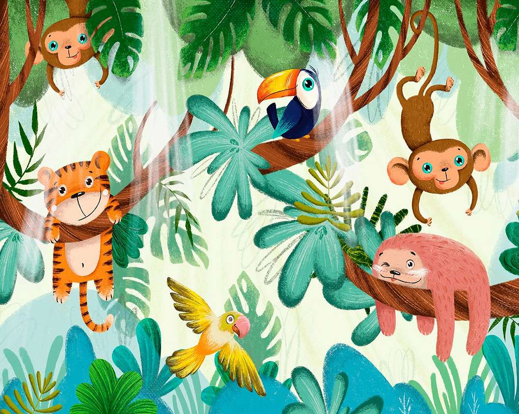 Aranyos állat mintás tigris, majom, papagáj, rajzolt stílusú gyerek poszter tapéta 368x254 vlies