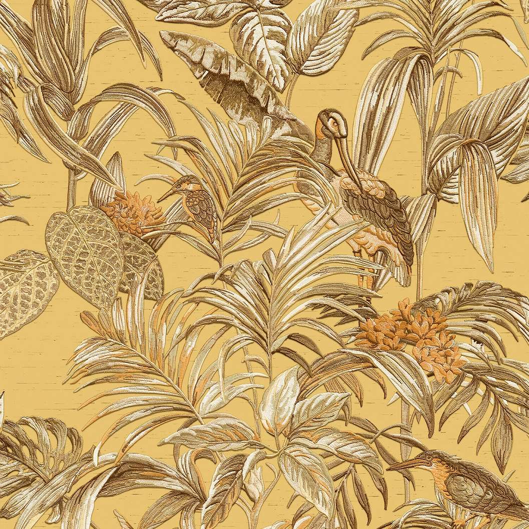 Aranysárga hímzett hatású madár és levélmintás botanikus design tapéta
