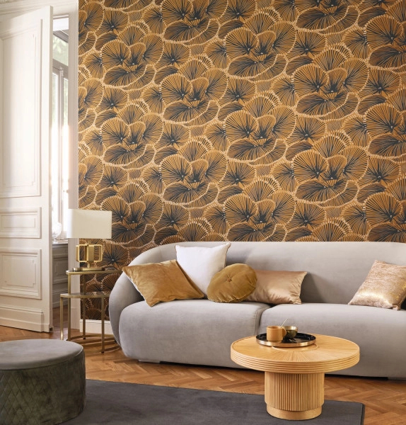 Aranysárga leveles mintás vlies francia design tapéta
