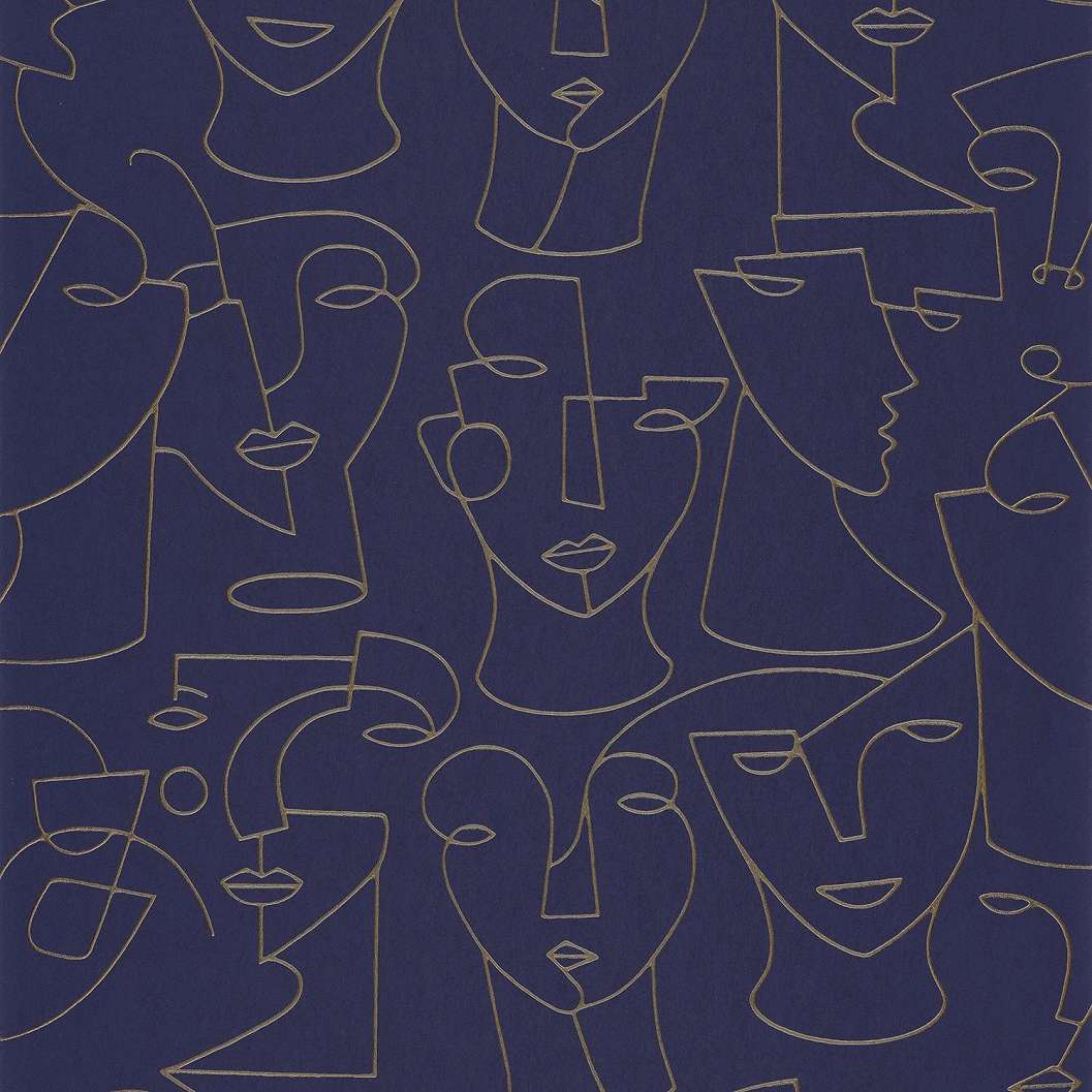 Art deco design tapéta kék színben arc mintákkal