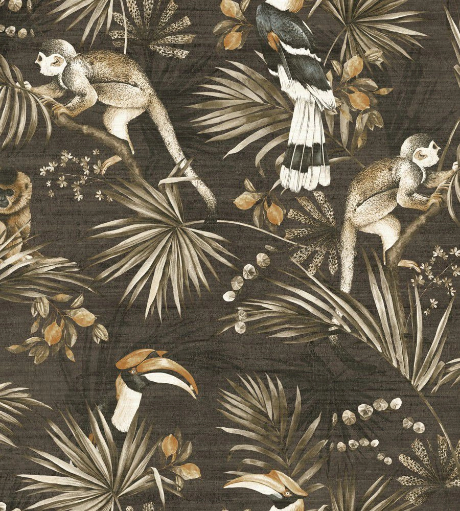 Arte luxus tapéta antracit tukán majom dzsungeles mintával