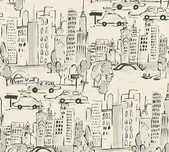 Autós város mintás gyerektapéta fekete krém színben