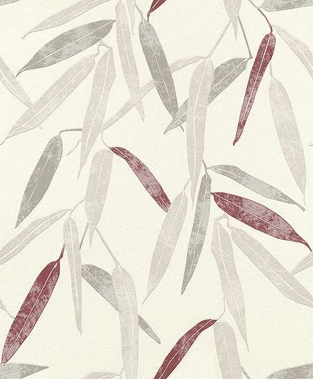 Bambusz levél mintás tapéta szürke, piros színben
