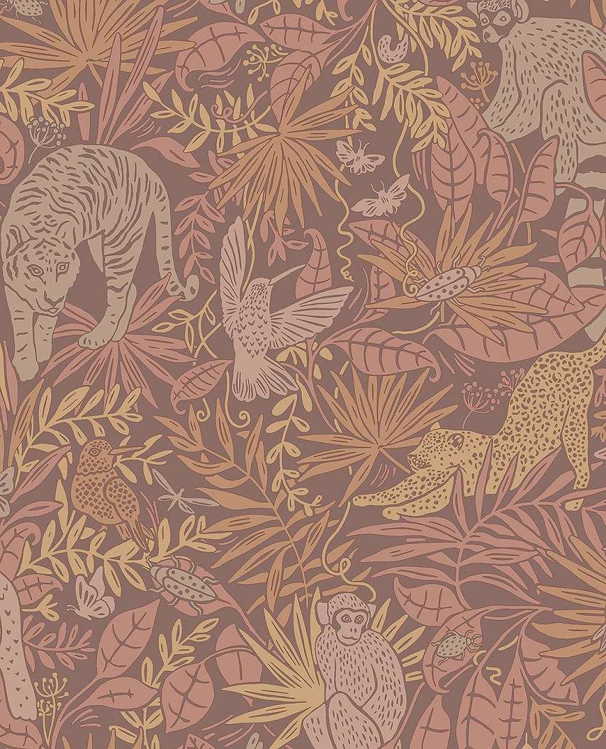Barna és pink gyerek design tapéta dzsungel és leopárd mintával