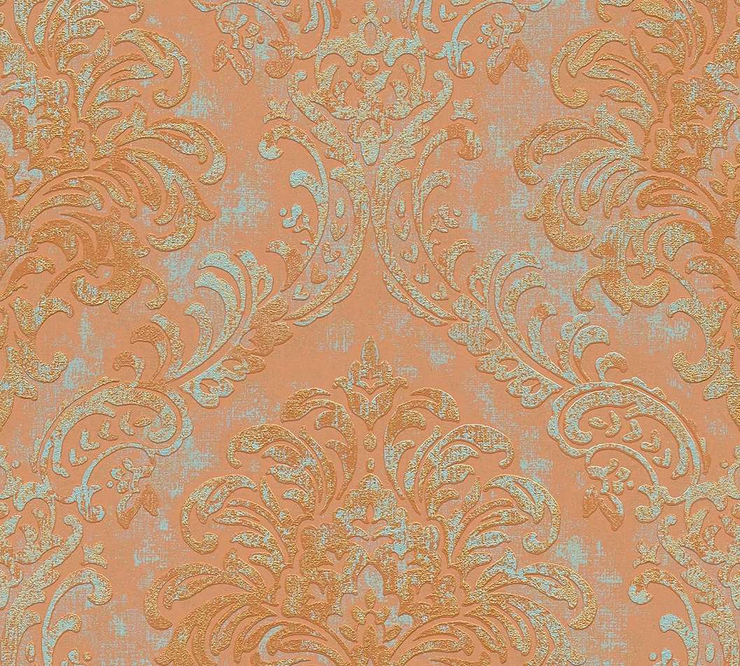Barokk mintás dekor tapéta narancs színben türkiz metálos koptatással