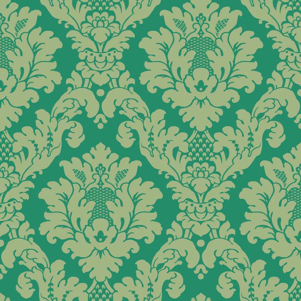 Barokk mintás papír tapéta zöld színben