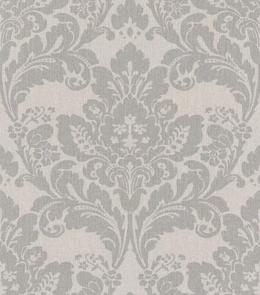 Barokk mintás vlies tapéta szürke színben finoman csillogó textilstruktúrált alapon