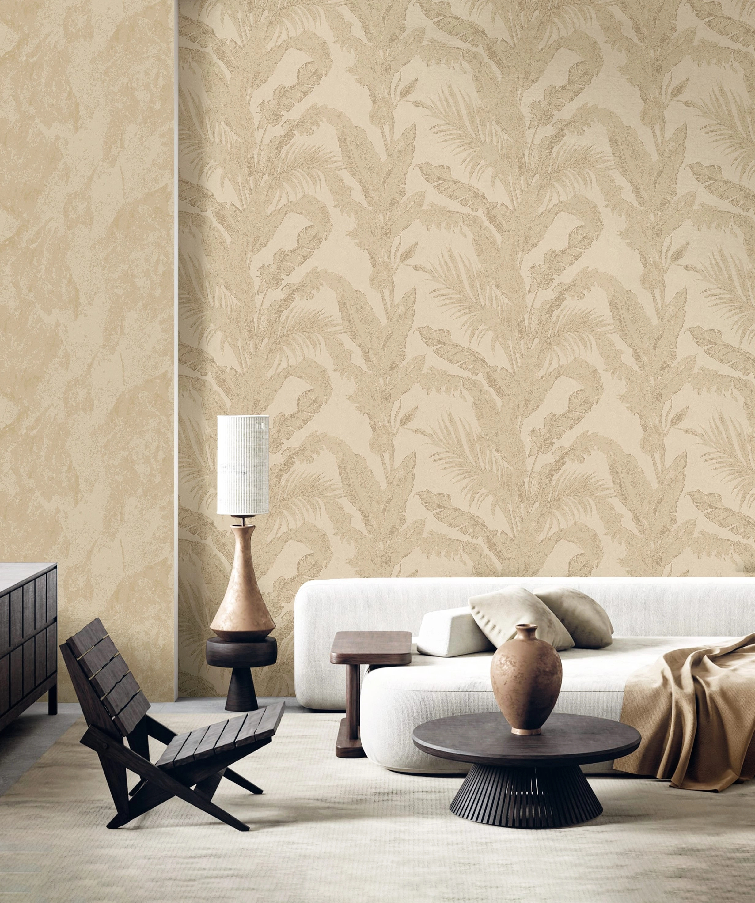 Beige és arany színű trópusi levél mintás olasz luxus tapéta