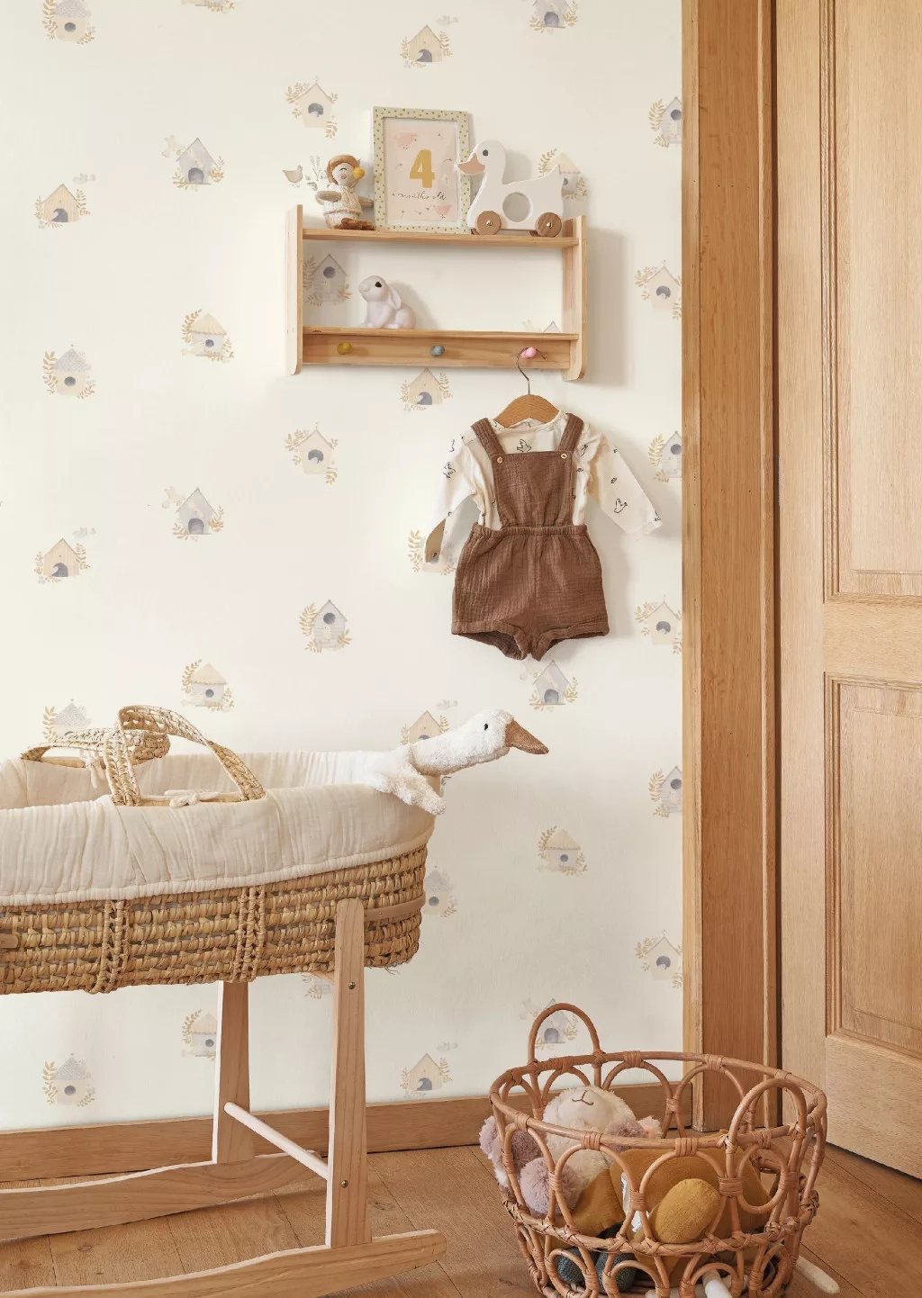 Beige madárház mintás vintage gyerek dekor tapéta