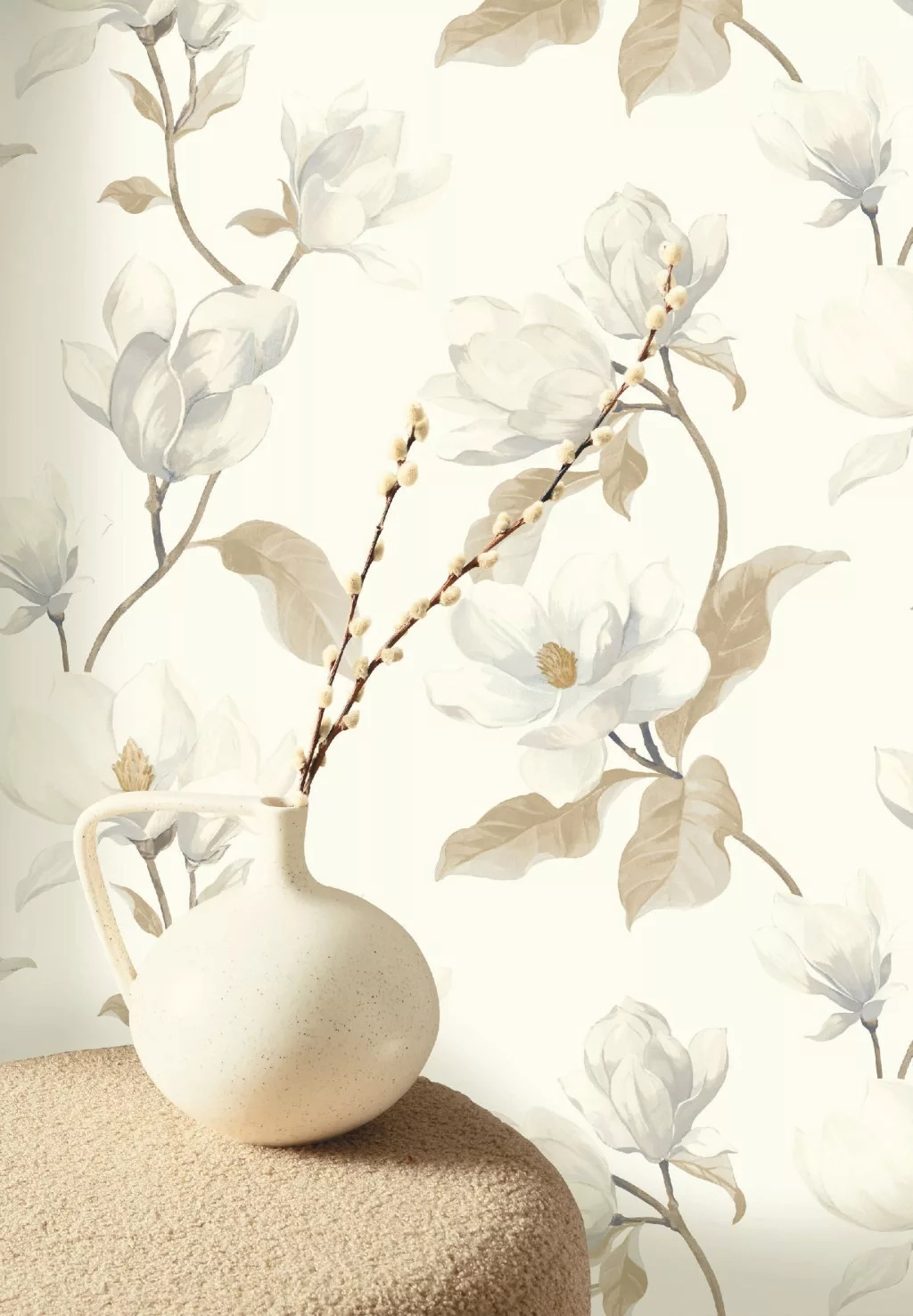Beige romantikus magnólia mintás design tapéta