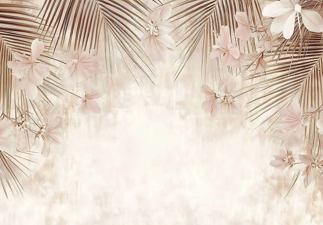 Beige színvilágú fotótapéta fentről lógó pálma levelekkel és virág mintával 368x254 vlies