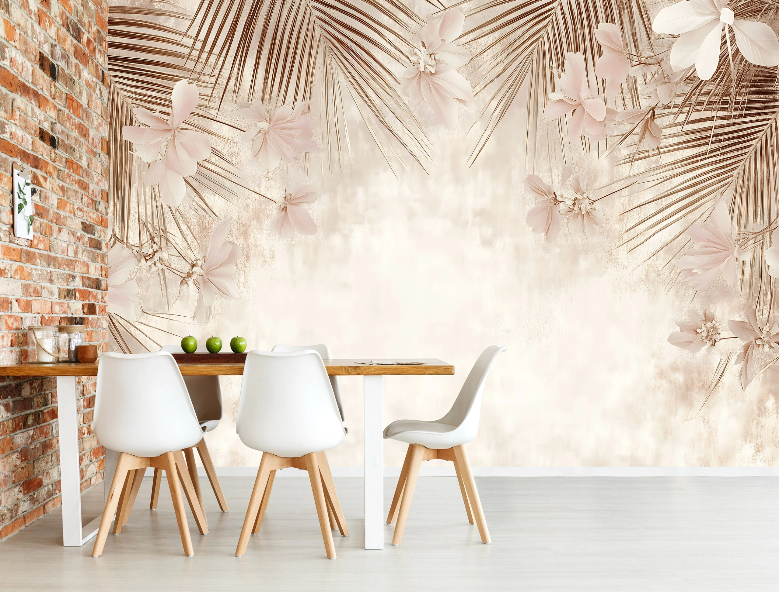 Beige színvilágú fotótapéta fentről lógó pálma levelekkel és virág mintával 368x254 vlies