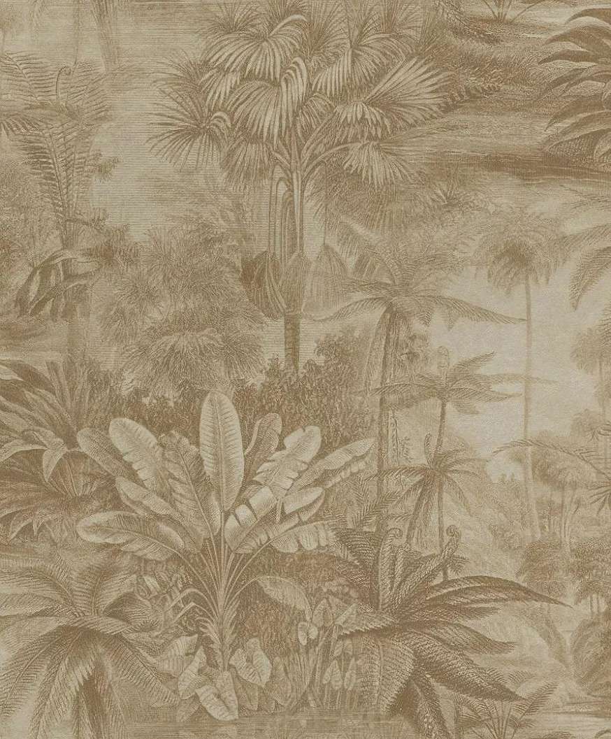 Bézs, barna metál felületű modern dzsungel mintás design tapéta