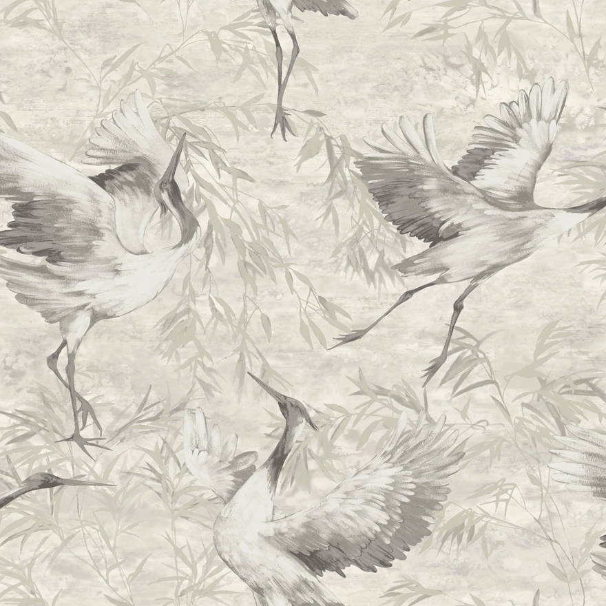 Bézs daru madár mintás design tapéta keleties stílusban