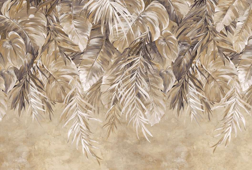 Bézs natur pálmaleveles vinyl posztertapéta textil strukturált felülettel