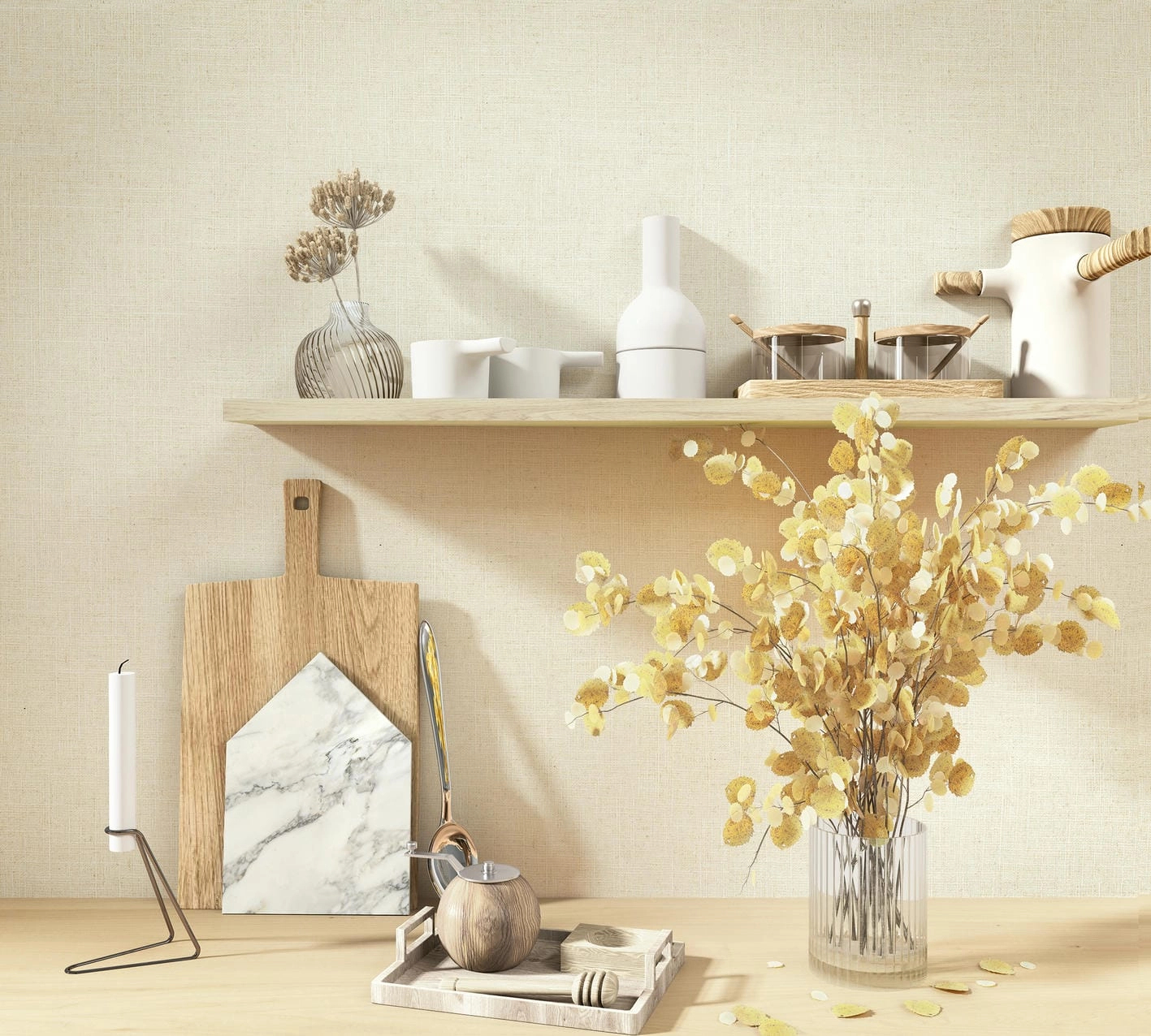 Bézs vinyl dekor tapéta textil mintával