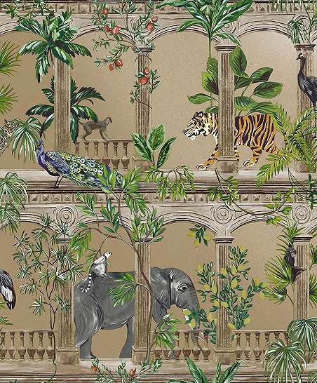 Bohám stílusú trópusi élő és állatvilágos design tapéta ezüst arany és bronz színben