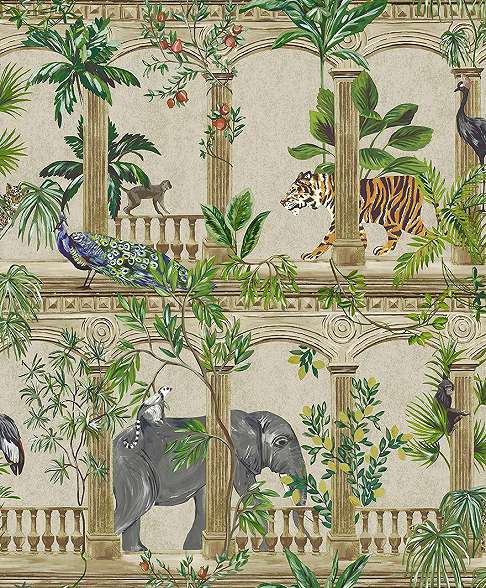 Bohám stílusú trópusi élő és állatvilágos design tapéta krém színben
