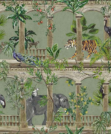 Bohám stílusú trópusi élő és állatvilágos design tapéta zöld színben