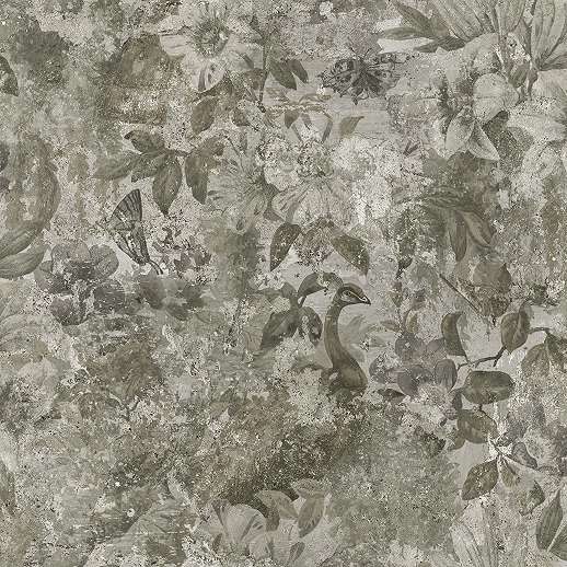 Bohém design tapéta páva és trópusi mintával szürke színben