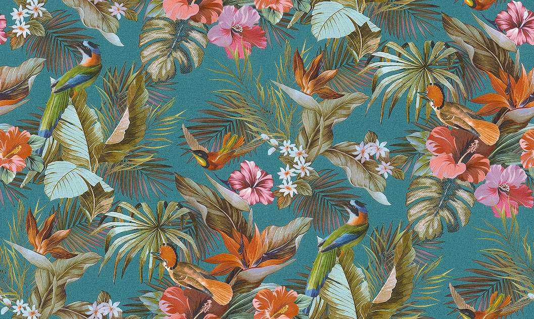 Bohém stílusú elegáns trópusi mintás design tapéta türkiz alapon