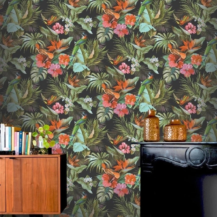 Bohém stílusú elegáns trópusi mintás design tapéta türkiz alapon