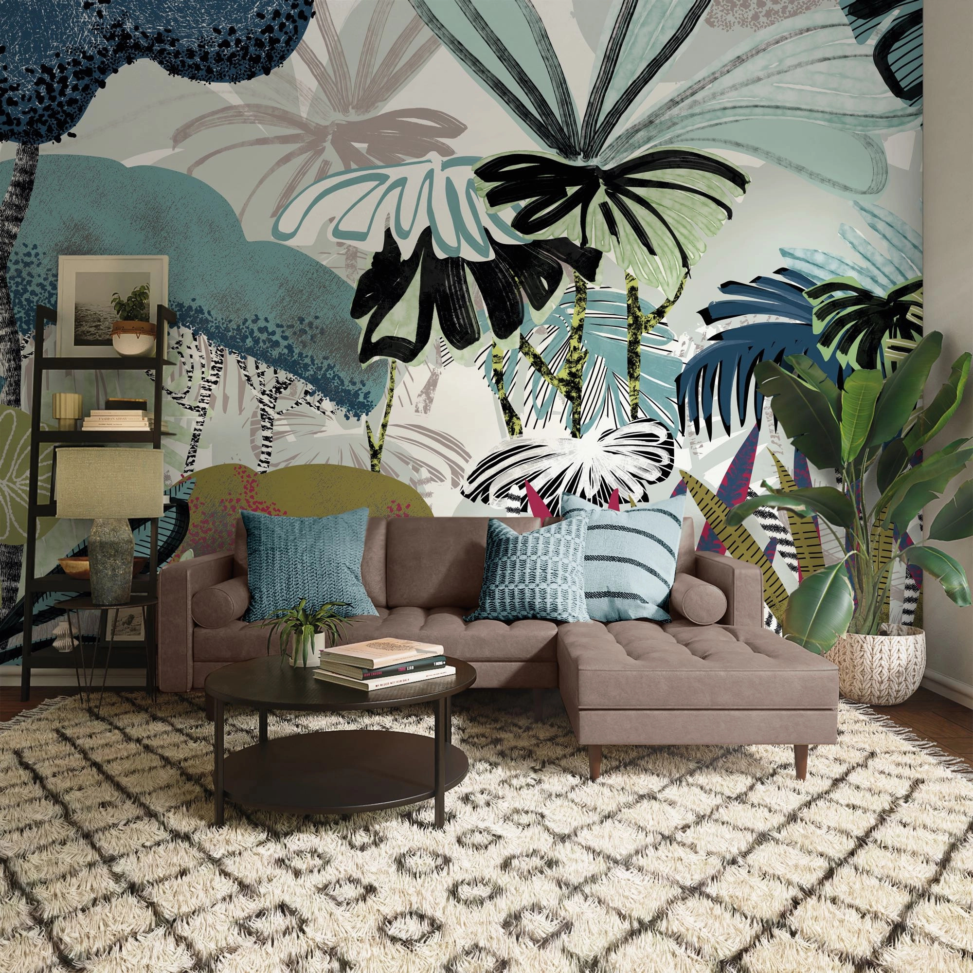 Bohém színes fotótapéta trópusi pálmaleveles mintával