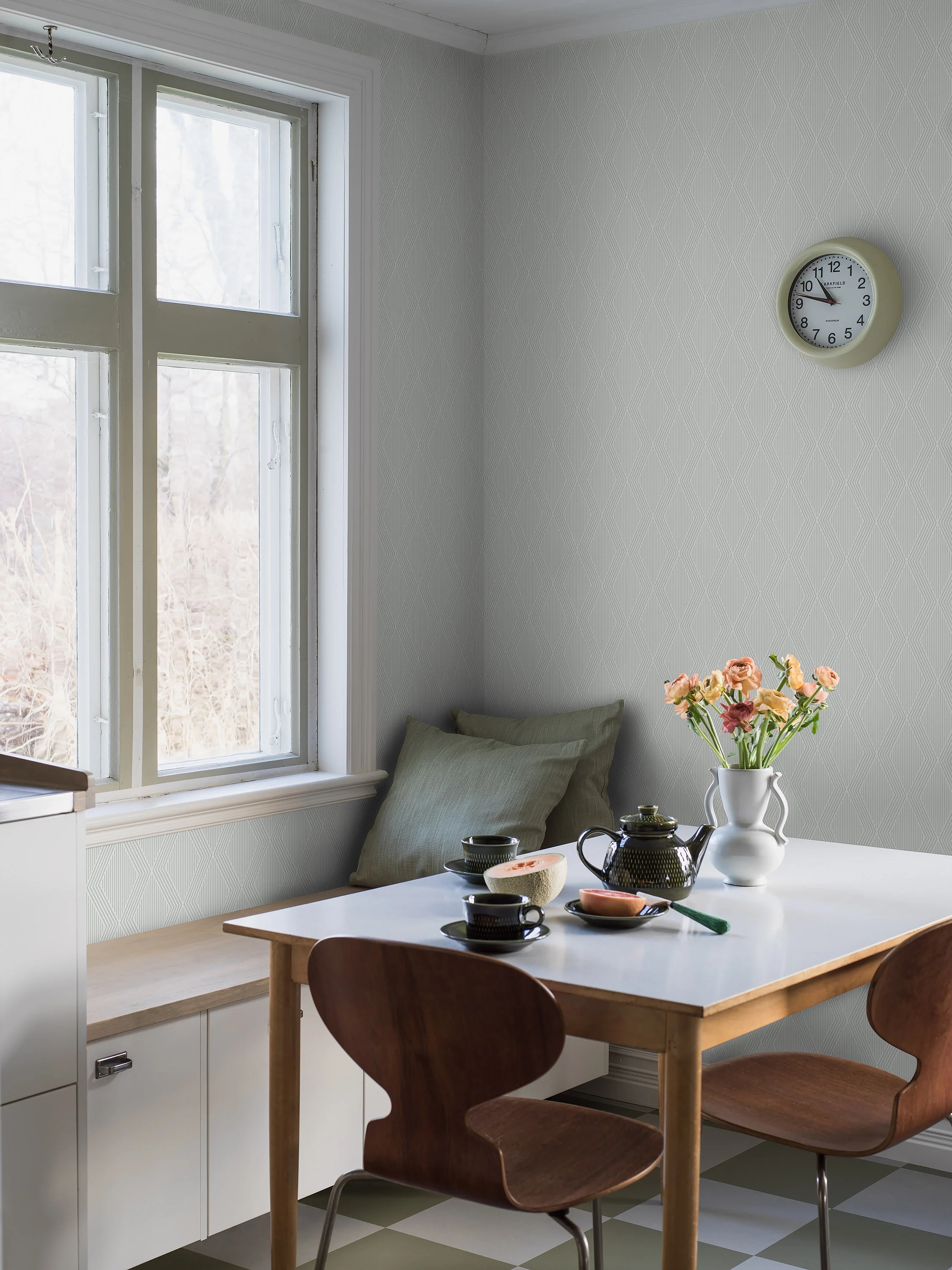 Boras tapéta geometrikus art deco mintával kacsatojás szürke és gyöngyház színben