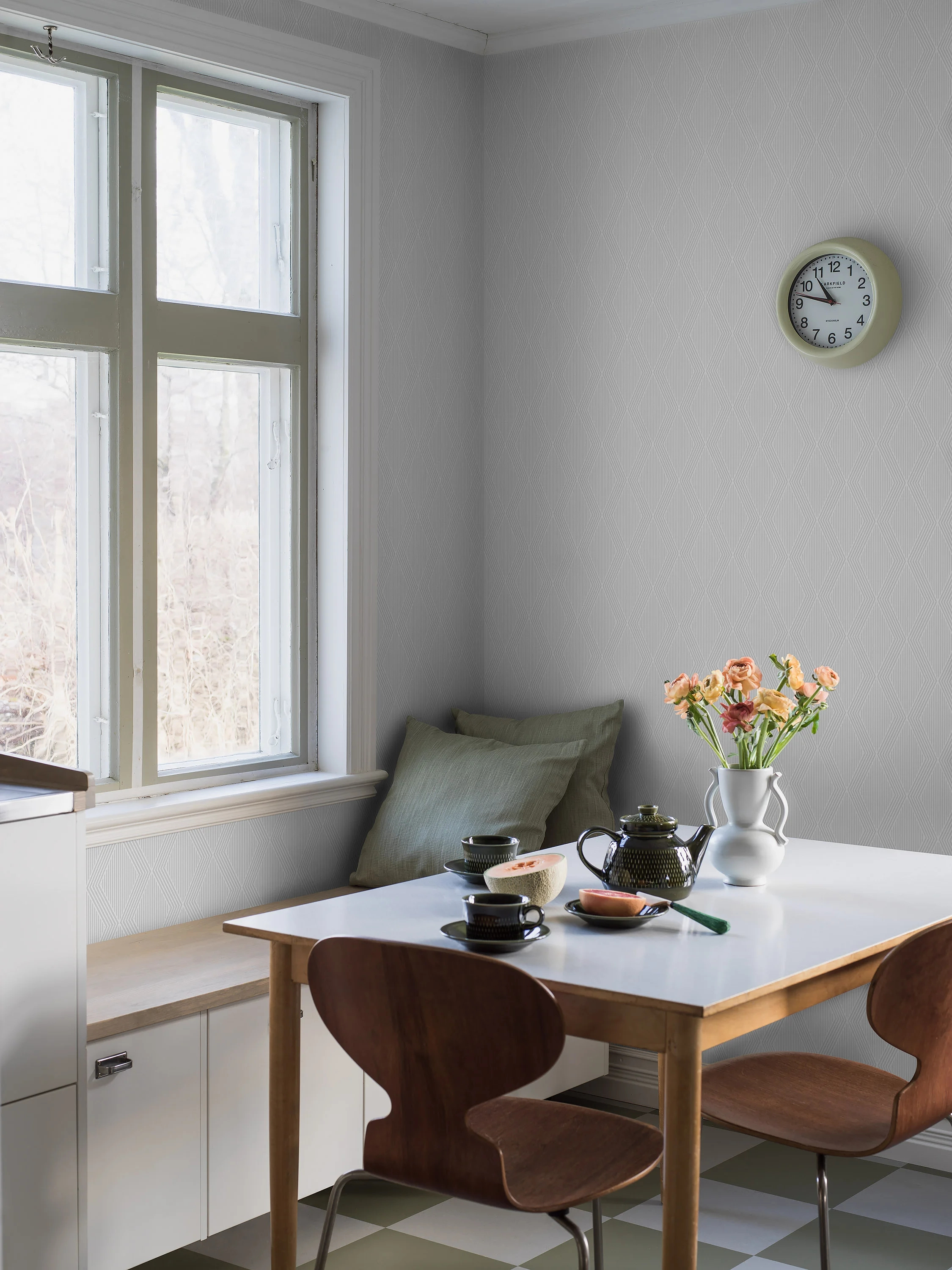 Boras tapéta geometrikus art deco mintával szürke és gyöngyház színben