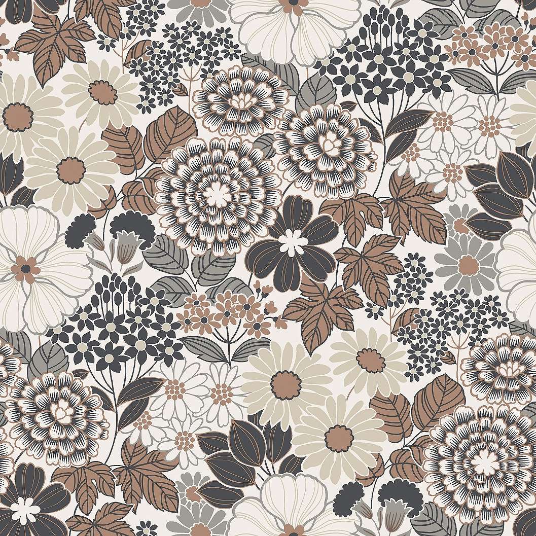 Boras tapéta nagy virágoskert mintával dohánybarna színben