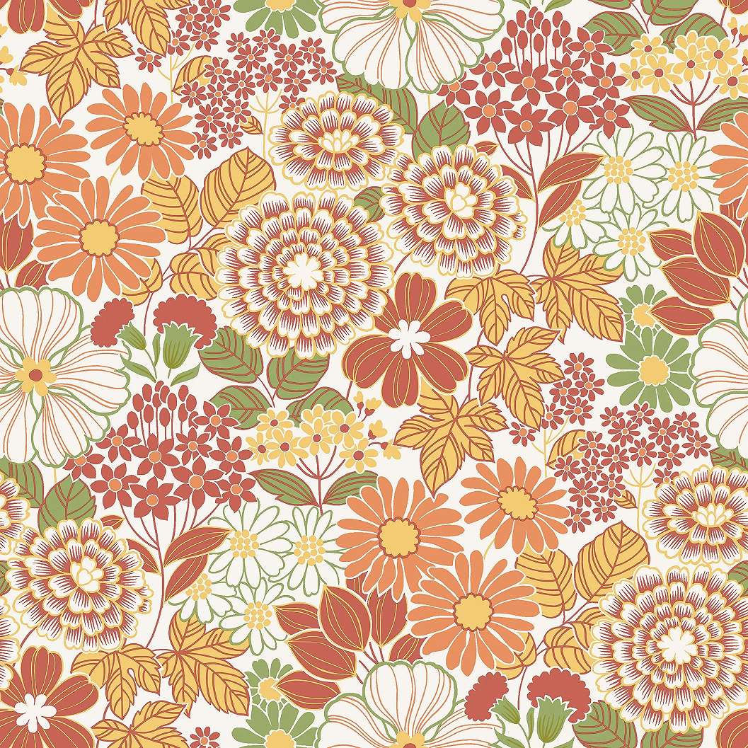 Boras tapéta nagy virágoskert mintával sárga, piros és zöld színben