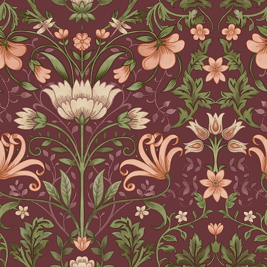 Bordós lila klasszikus damaszt virágmintás design tapéta