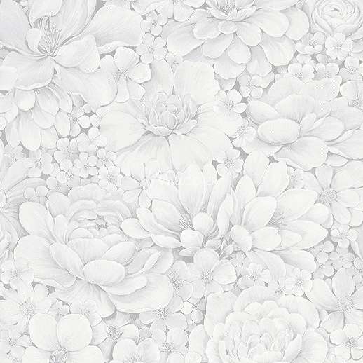 Botanikus virágmintás design tapéta szürkésfehér szinben mosható vinyl struktúrált