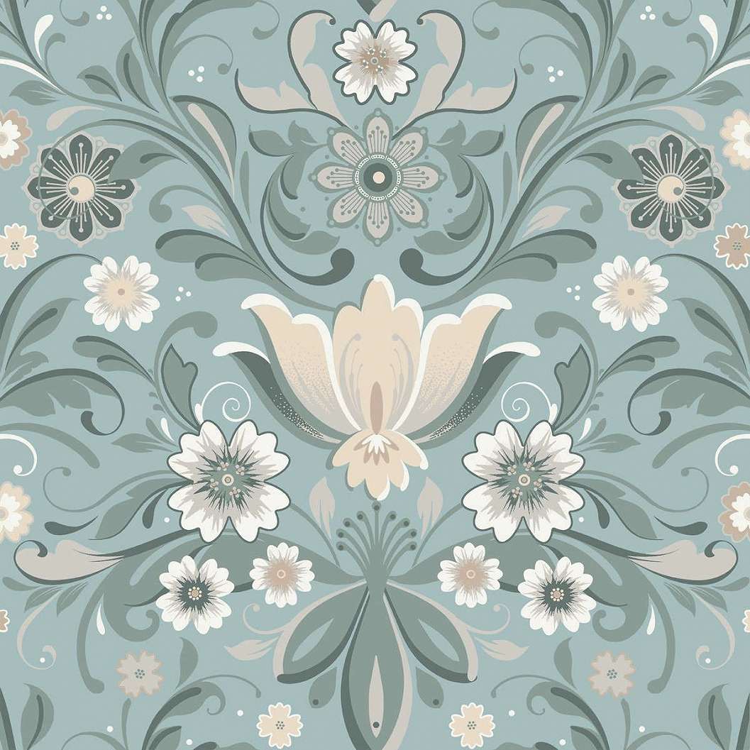 Brit country stílusú virágmintás design tapéta halványkék színben