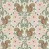 Brit country stílusú virágos és mókus mintás barna, rózsaszín és zöld színű design tapéta