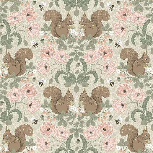Brit country stílusú virágos és mókus mintás barna, rózsaszín és zöld színű design tapéta