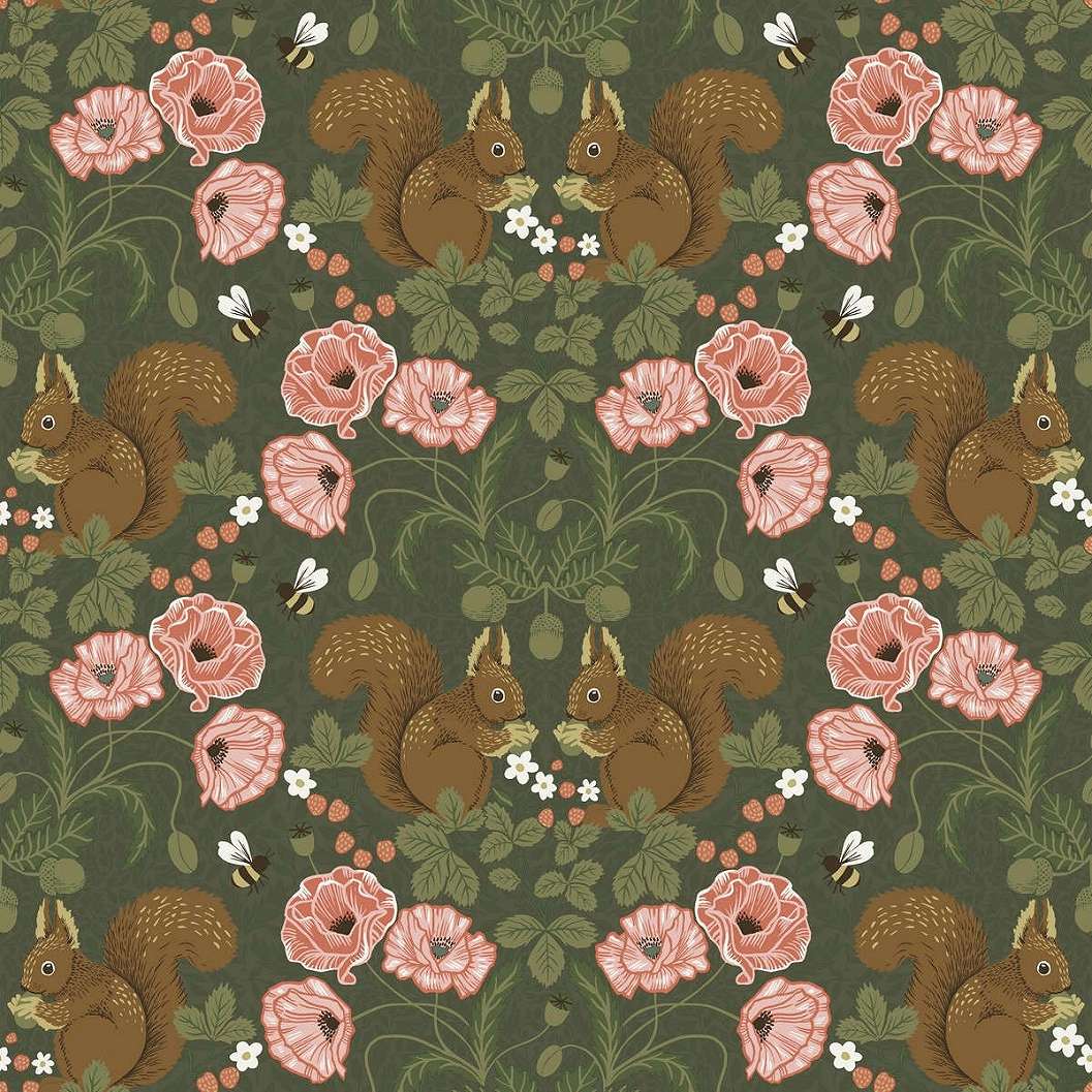 Brit country stílusú virágos és mókus mintás zöld, rózsaszín és barna színű design tapéta