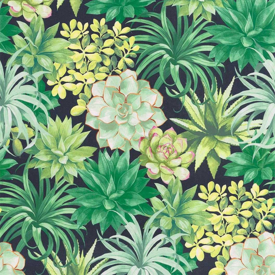 Casadeco zöld levélmintás botanikus design tapéta kőrózsa mintával
