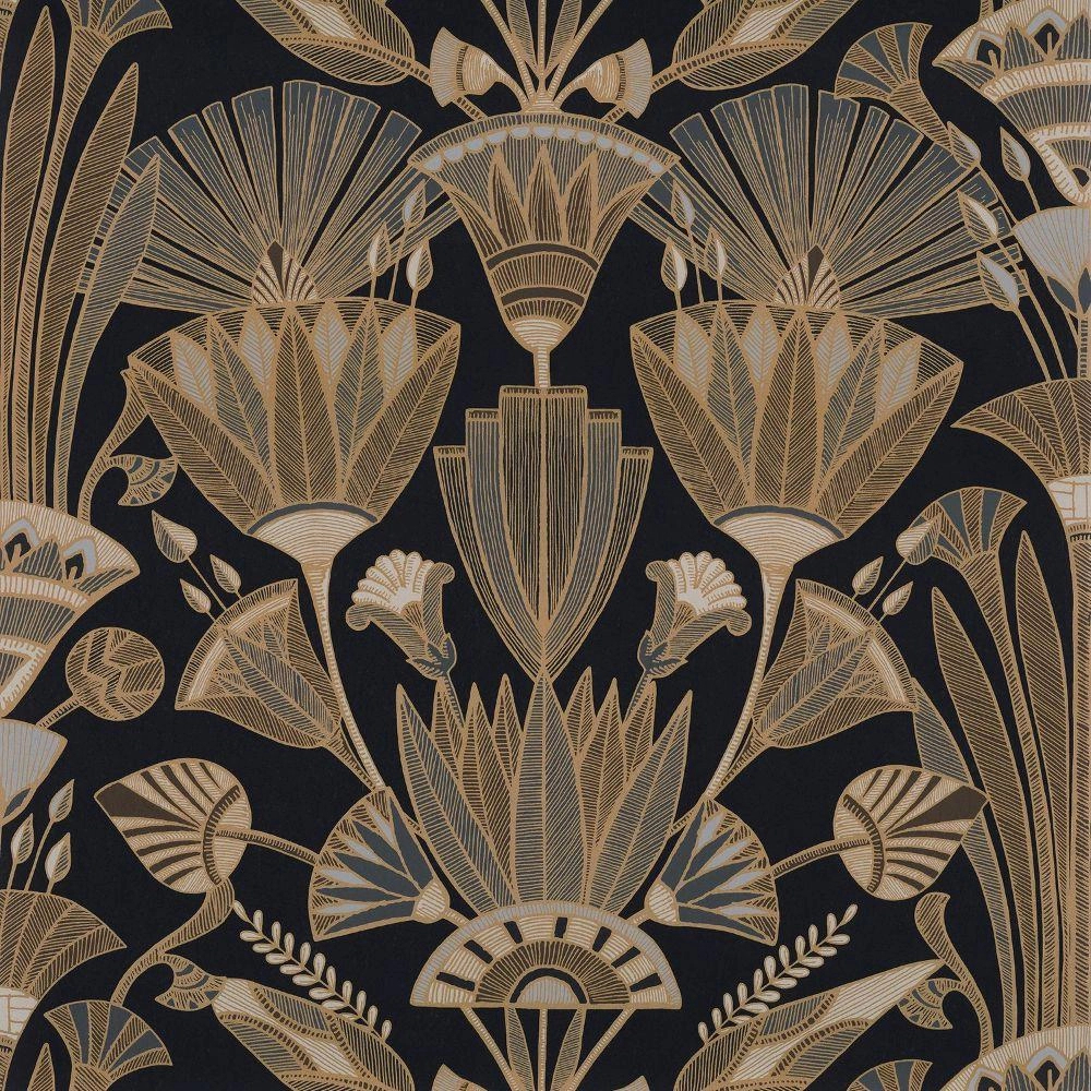 Casamance luxus tapéta 68cm széles keleties virág mintával fekete , arany mintával