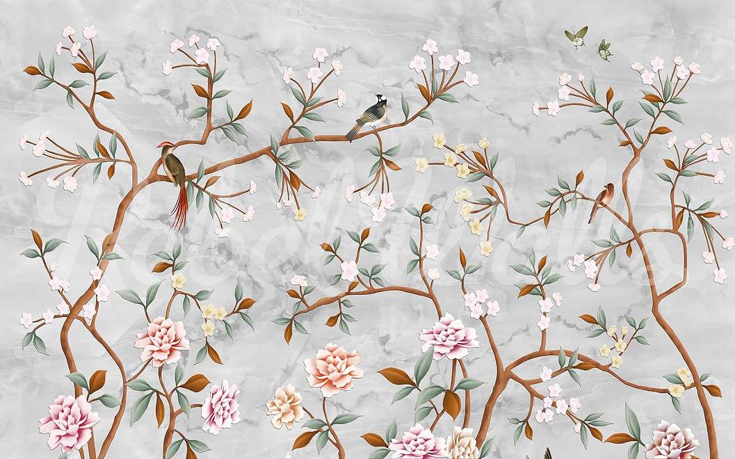 Chinoiserie stílusú madár botanikus mintás romantikus fali posztertapéta