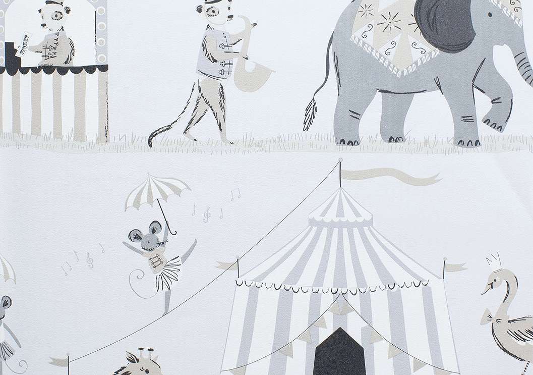 Cirkuszi állat mintás szürke színű gyerek tapéta 